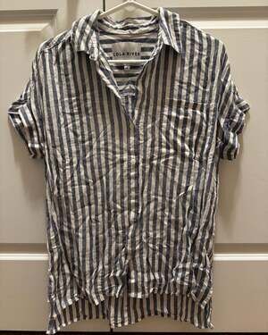 Lola River Striped Blue and White Short Sleeve Linen Blend Button Up Shirt